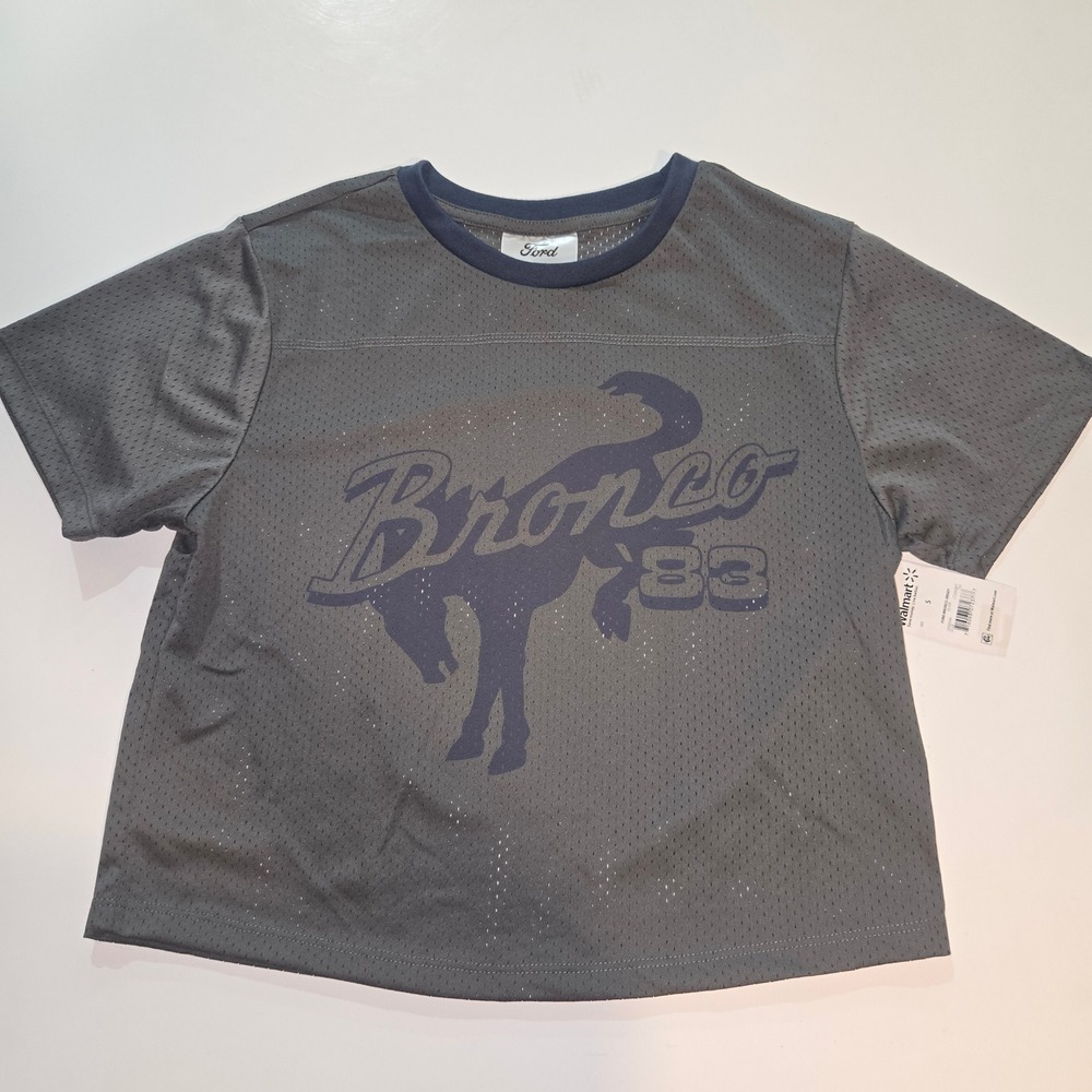 Ford Bronco 83 Graphic Mesh Jersey T-Shirt Gray Navy Blue Women Small NWT
